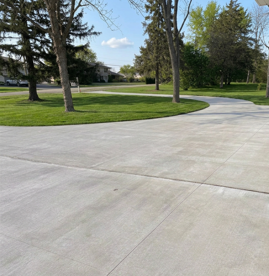 Large circular broom-finish concrete driveway with saw-cut control joints sweeping past mature trees at an Oakland County, MI home, installed by Marcucci Concrete